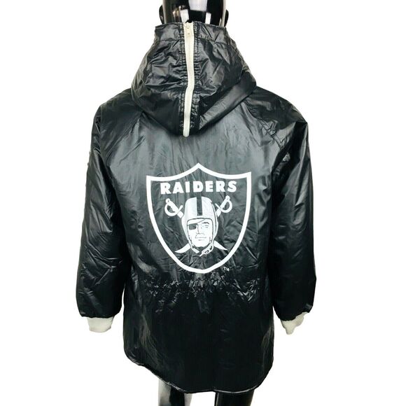 Vintage 90s RAIDERS NFL Black Silver Vinyl Game Day Jacket Size M/L/XL RARE - Picture 1 of 8